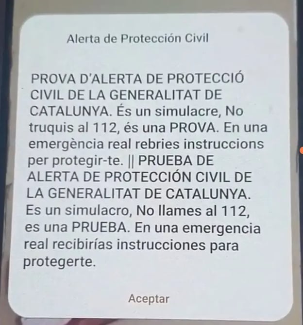 Mensaje de la alerta de emergencia de Protección Civil del pasado jueves en Barcelona.