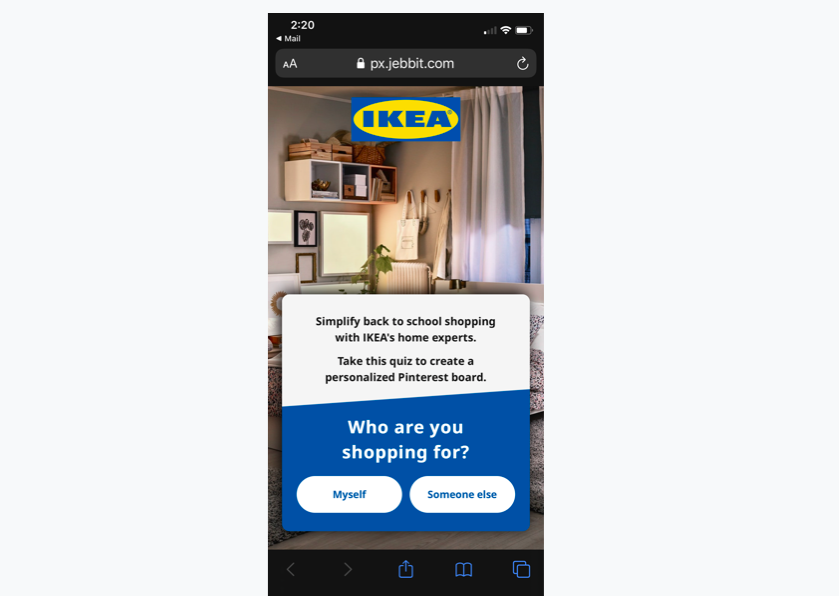 la app de ikea preguntando para quién estás comprando